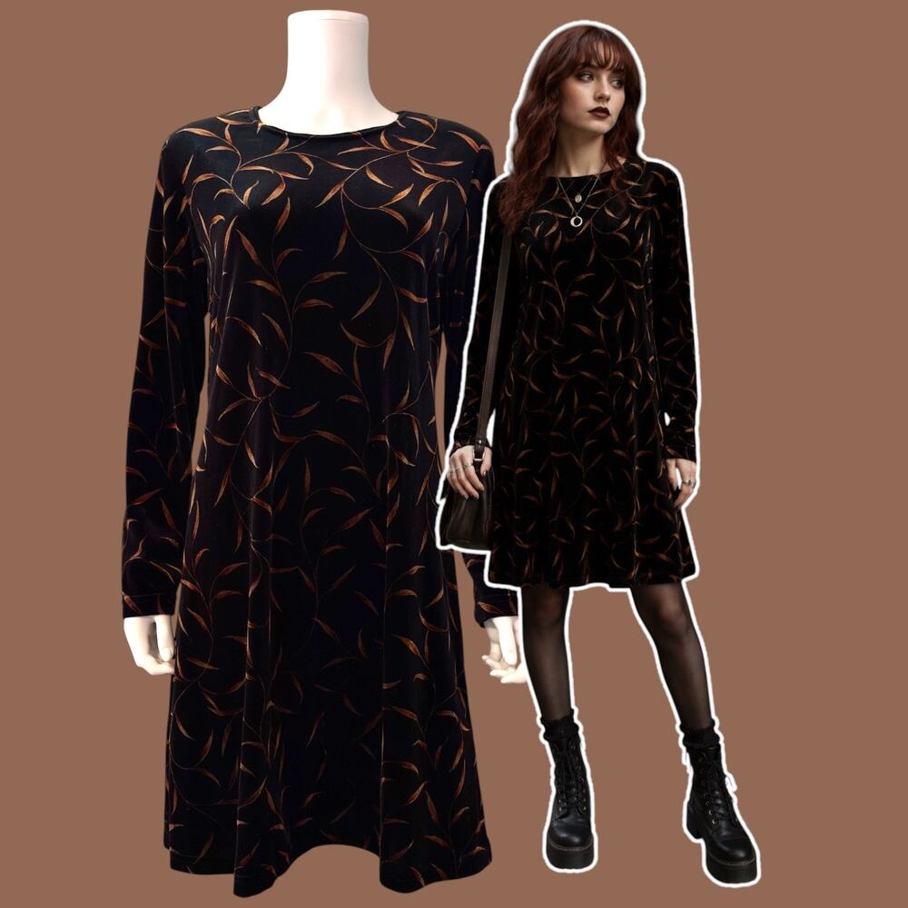 Vtg 90s Black Velvet Leaf Print Dress Size 14 Ronni Nicole Dark Academia Gothic